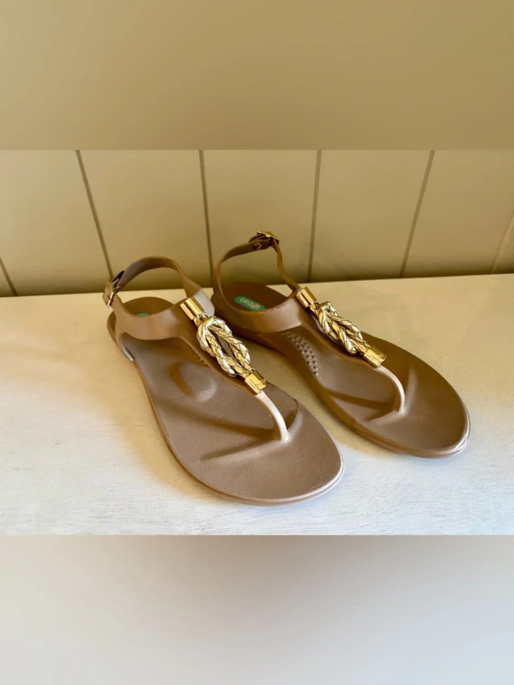 OKA B. Neptune T-strap Metallic Beige Nautical Sandal Waterproof Sz 8 Women’s - Picture 2 of 10